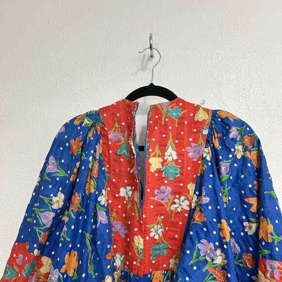 1960s Young Innocents by Arpeja Red & Blue Cotton Floral Print Caftan Dress Sz S - Picture 8 of 12